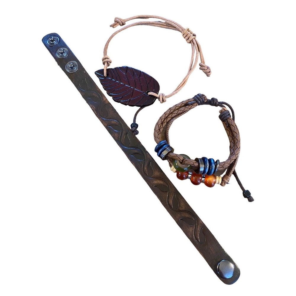 3 Bracelets 1 Leather Strap 2 Pull Strings 1 Beaded and 1 Leather